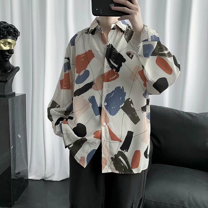 Korean street fashion men's long-sleeved wide-sleeved shirt with irregular color printing