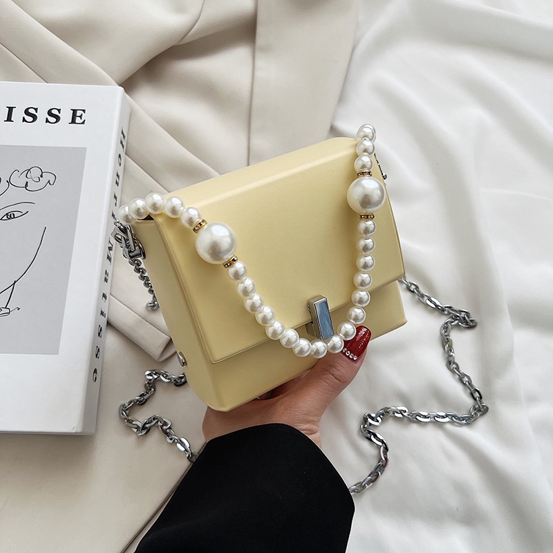 Túi Xách Đeo Vai Hình Vuông Nhỏ Cầm Tay Đính Ngọc Trai Đơn Giản Cho Nữ