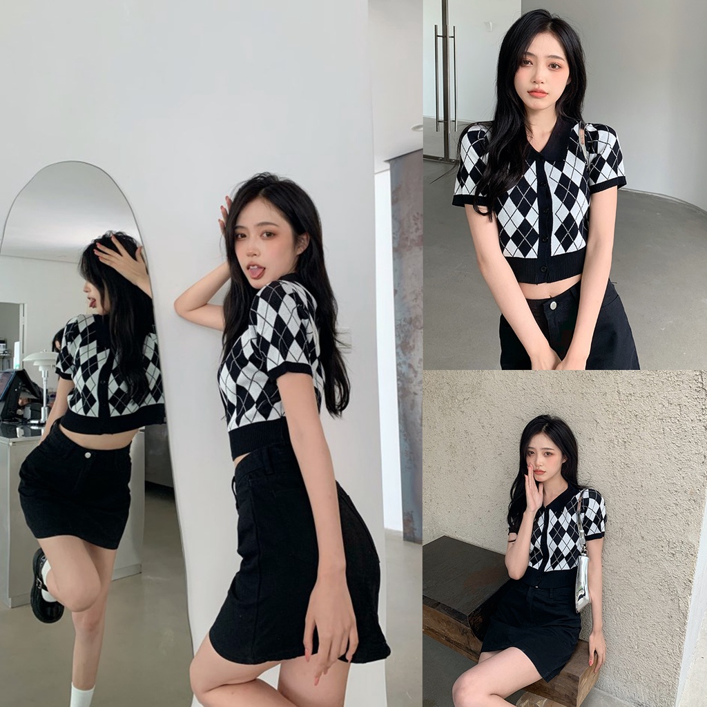 HUANG YOYO Áo khoác len dài tay kiểu Hàn Quốc retro họa tiết ca rô thời trang cho nữ