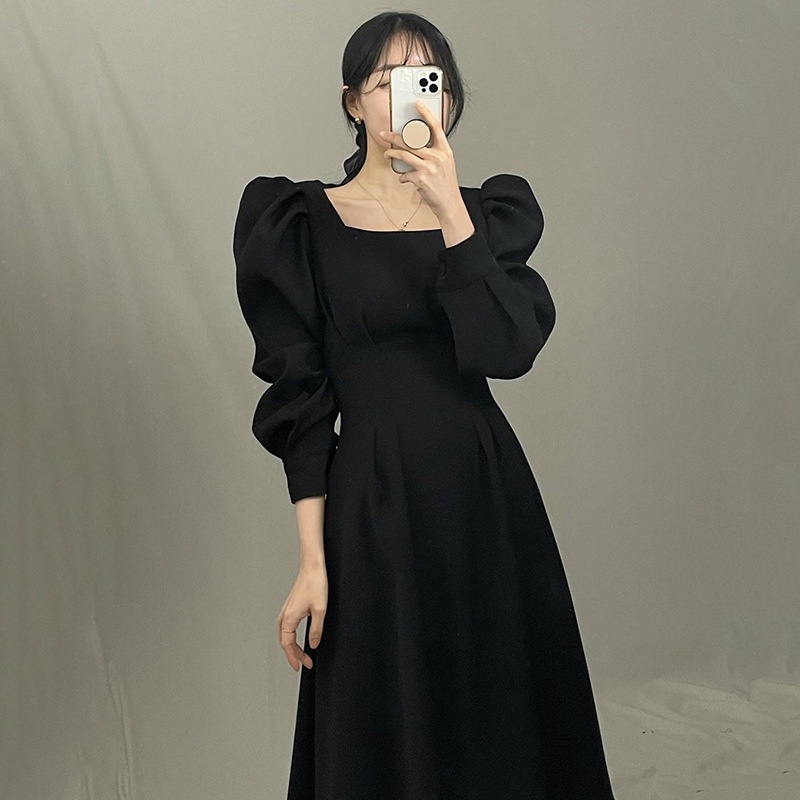 Váy midi cổ vuông tay bồng, váy mùa thu thanh lịch