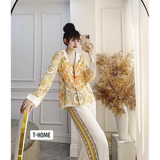 Bộ ngủ lụa tay dài quần dài hoạ tiết vàng