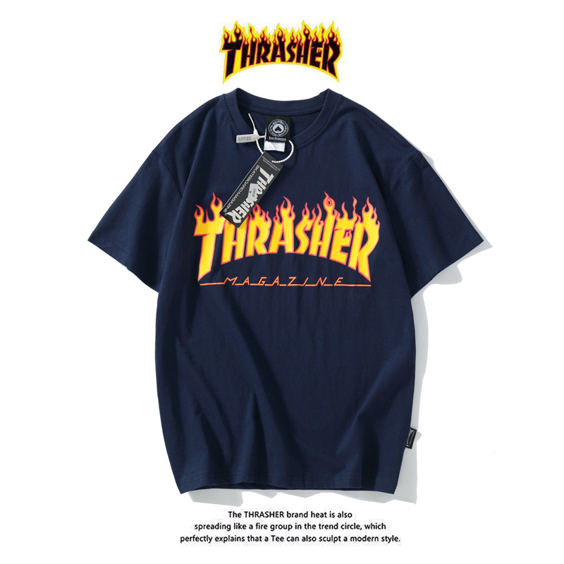 Áo thun cotton tay ngắn dáng rộng in họa tiết chữ Thrasher phong cách thể thao thời trang cho cặp đôi