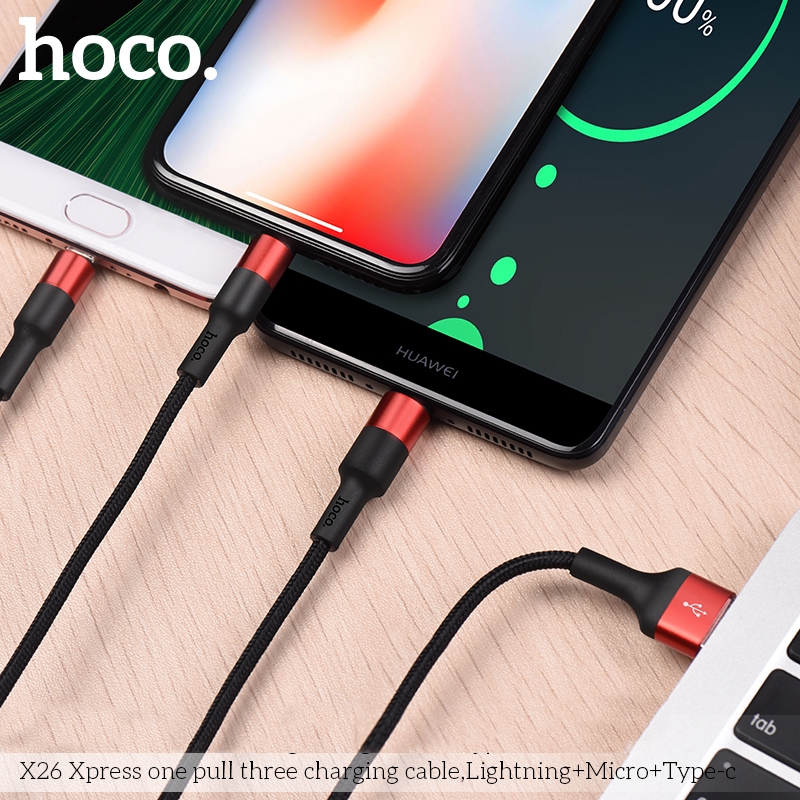 Cáp Sạc Nhanh Hoco X26 3 đầu linghtning, micro, typeC cho mọi loại máy Pin sạc dự phòng airpods i12  - Awifi Case H2-3