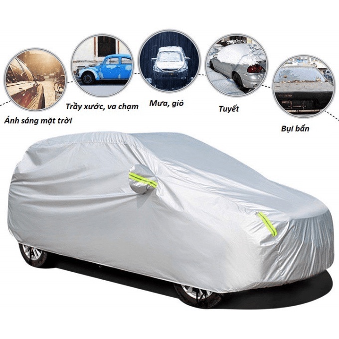 Bạt Phủ xe Ô Tô, Bạt phủ xe hơi - áo trùm che phủ xe hơi nhôm bạc 4 chỗ đến 5 chỗ, chống nóng mưa xước chống nước