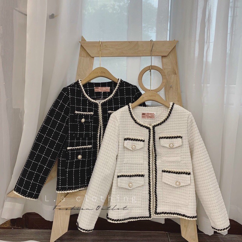 Áo khoác dạ tweed kẻ khuy ngọc dáng dài hàng chuẩn SDD | BigBuy360 - bigbuy360.vn