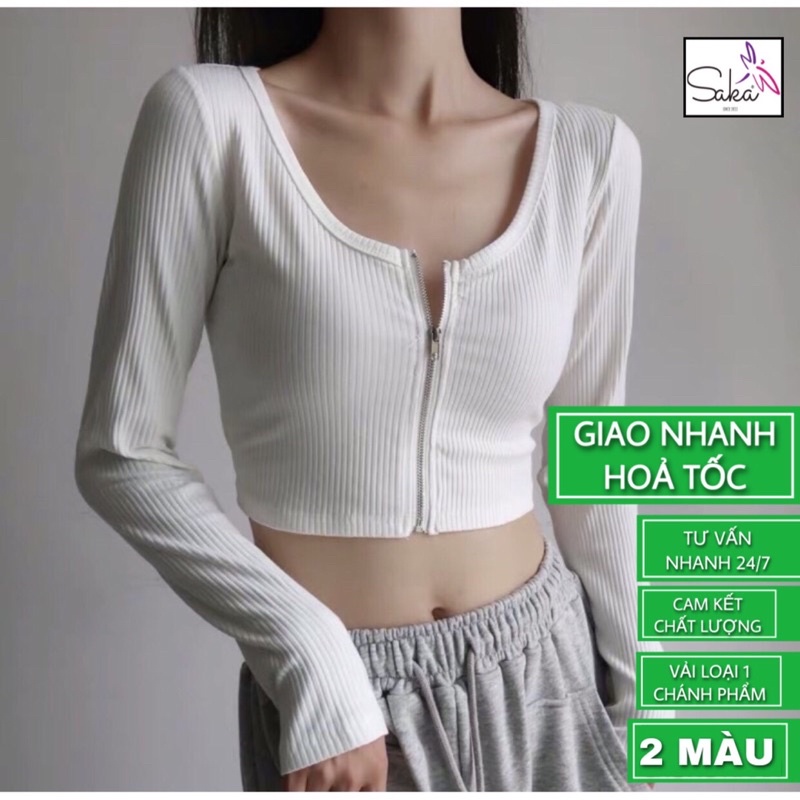 Áo croptop nữ tay dài khoá kéo đen trắng