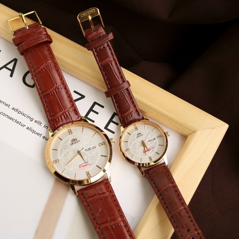 Đồng Hồ Cặp Đôi Nam Nữ orient Kính Sapphire Dây Da , Size 30/40mm