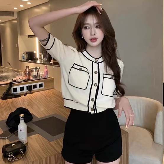 [Hana And Alice]  Áo Dệt Kim Tay Ngắn Vải Lụa Lạnh Mỏng Thời Trang Mùa Hè 2023 Small fragrance wind