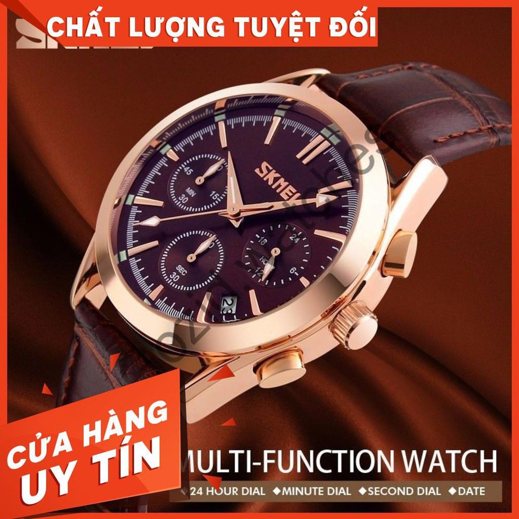 Đồng hồ nam chính hãng SKMEI 9127 dây da chống nước Vàng Xanh -Men.watch