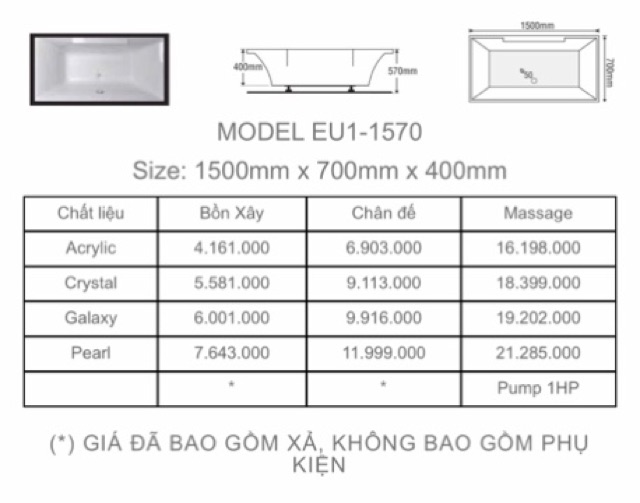 BỒN TẮM DÀI 2 YẾM EUROCA  - MODEL EU1 - 1570 - BẢO HÀNH 3 NĂM