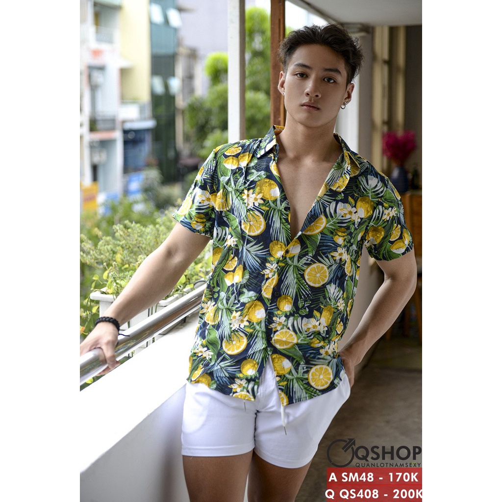 Áo sơ mi đi biển hoa lá trái cây vải đũi QSHOP