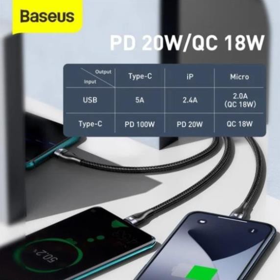 Cáp sạc nhanh 3 đầu 1m2 Baseus Flash Series 3 in1 Plus (USB+ Type C to Micro+Lightning + Type C, 100W Quick Charge)