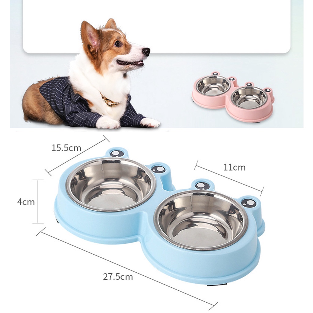 Bát ăn cho chó mèo 2 ngăn lòng inox hình ếch - Bát đựng thức ăn, uống nước cho chó mèo