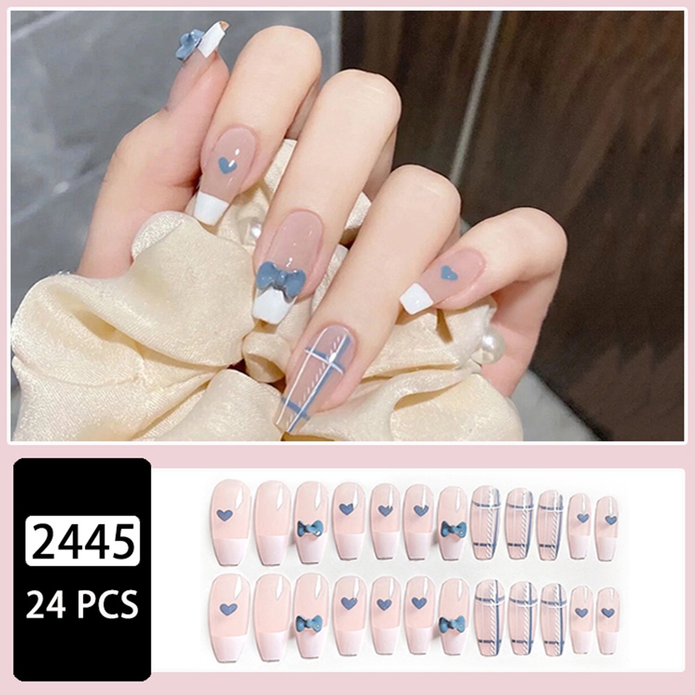 Bộ 24 móng tay giả ngắn đính nơ dành cho bé gái