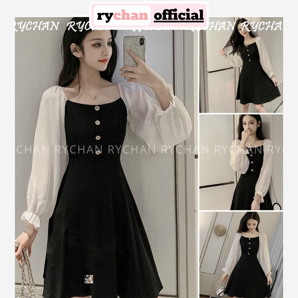 Đầm Xoè Đen Tay Voan Đính Cúc - DX291