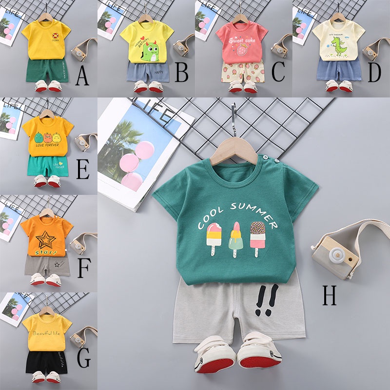 Bộ đồ thun cotton SANITKUN gồm áo tay ngắn và quần dài in hình hoạt hình phong cách Hàn Quốc cho bé