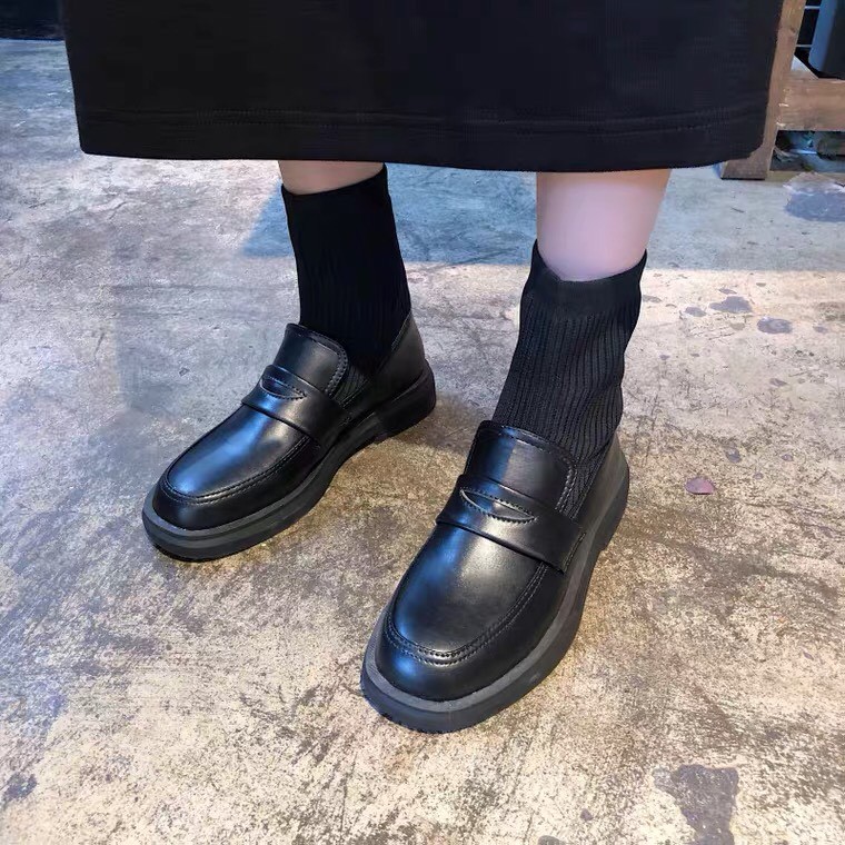 Giày boots Martin nữ cao cổ giả tất style Hong Kong retro cá tính