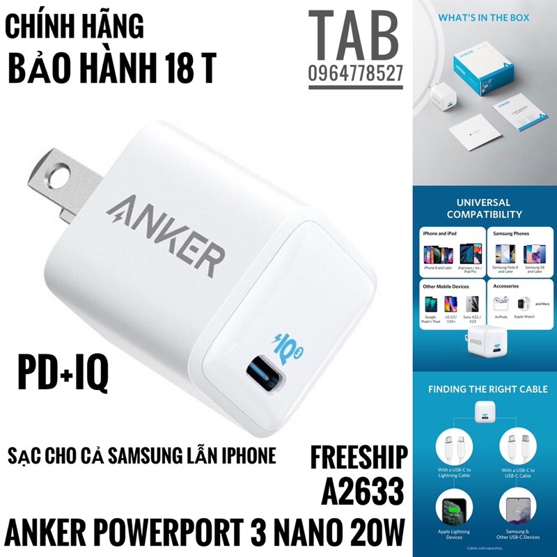 Củ Sạc Anker PowerPort 3 Nano 20W IQ3 - A2633 (Bảo Hành 18T)