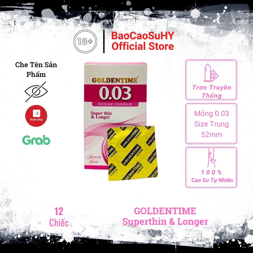 Bao Cao Su GOLDENTIME Siêu Mỏng 0.03 Kéo Dài Thời Gian, Chống Xuất Tinh Sớm Hộp 12 Bao.