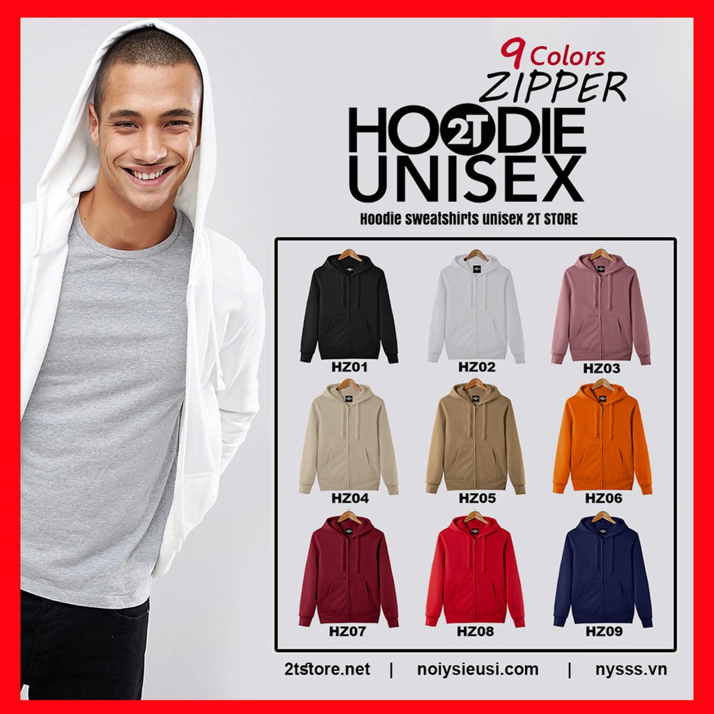 ∏Áo Hoodie Zipper Unisex 2T Store Bst 9 Màu Sắc - Khoác Nỉ Dây Kéo Nón May 2 Lớp Dày Dặn Đẹp Chất Lượng