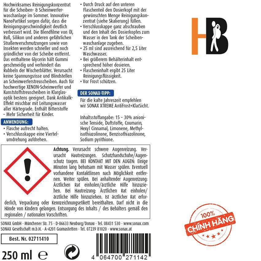 Dung Môi Làm Sạch Kính SONAX XTREME CLEAR VIEW 1:100 250ml 271141 | HIBU CENTER