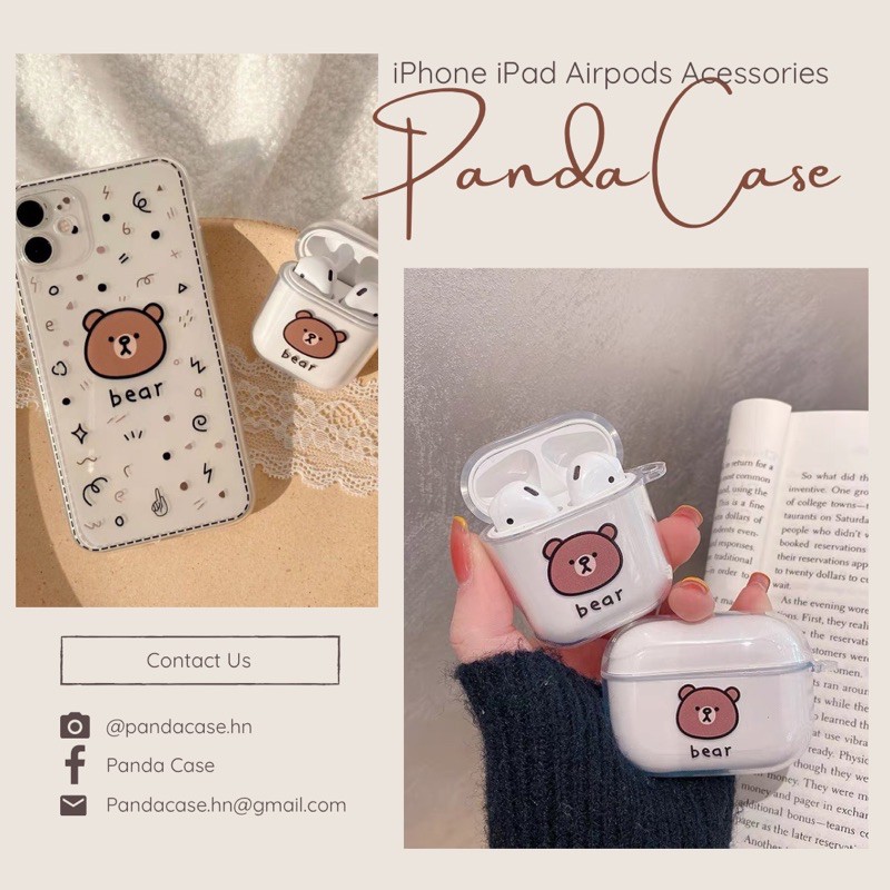 Vỏ case gấu nâu bảo vệ bao đựng tai nghe airpods 1 2 PRO trong suốt in hình