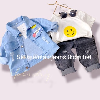 Bộ quần áo jeans bé trai từ 10 - 18 kg, bộ quần áo thu đông cho bé 3 chi tiết, quần jeans + áo jeans + áo thun ngắn tay