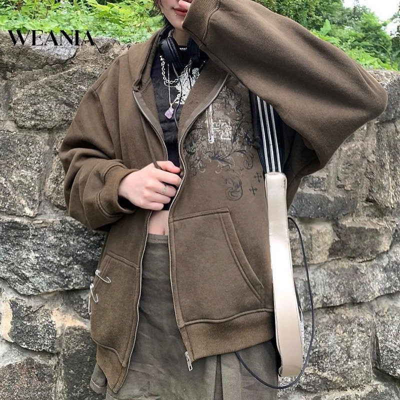 Áo Khoác Hoodie Dáng Rộng In Họa Tiết Vintage Phối Túi Cá Tính Cho Nữ