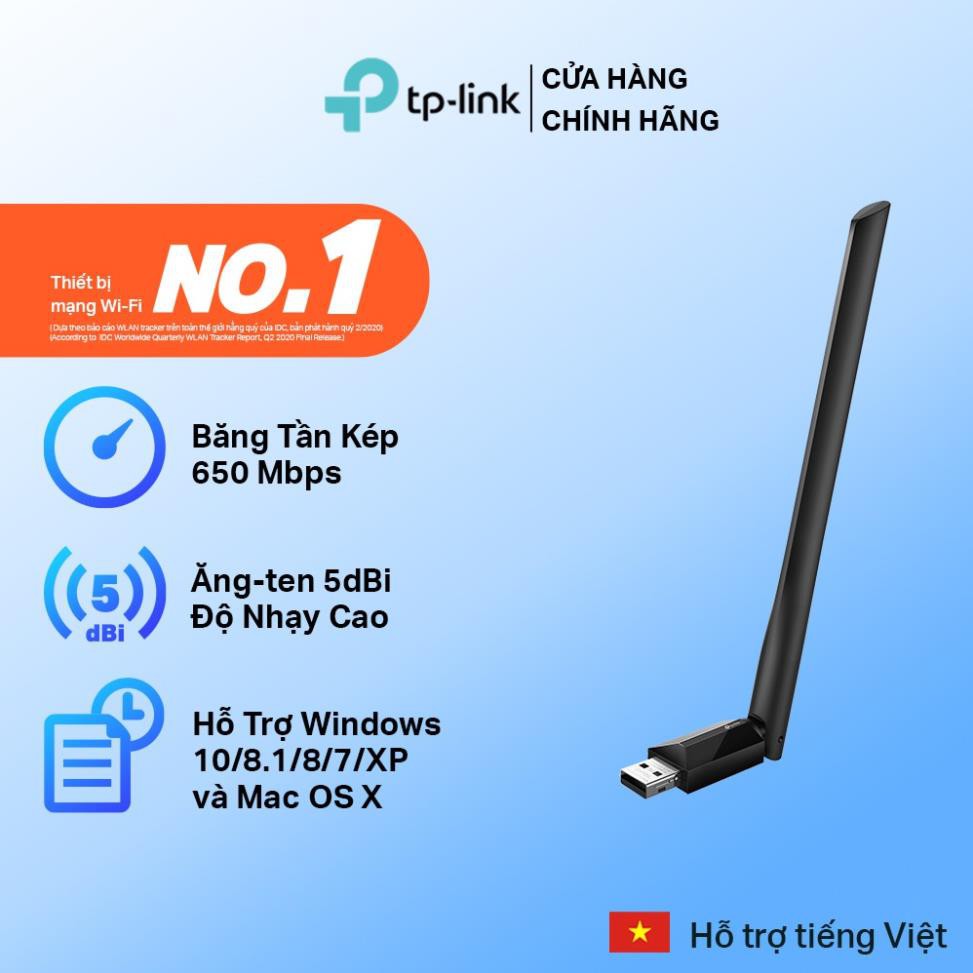 USB wifi TP-Link chuẩn AC600 Mbps USB adapter băng tần kép wifi Archer T2U Plus