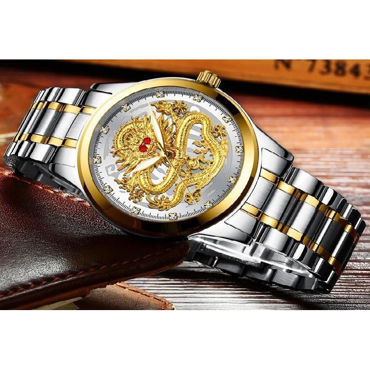 Đồng hồ nam FNGEEN R3 chính hãng mặt tròn hình rồng 3D dây thép không gỉ mạ vàng cực đẹp