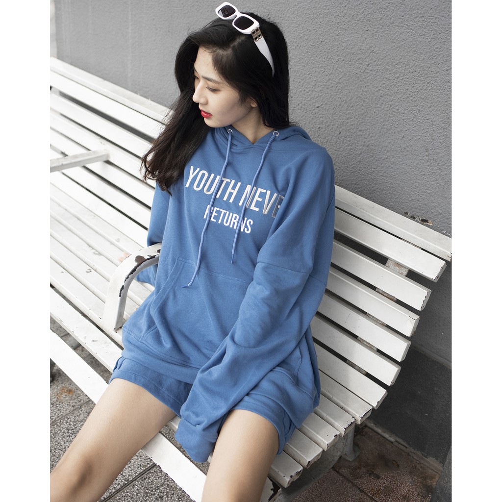 Áo Hoodie Youth Never Returns - Phía Trước Thêu Chữ Tỉ Mỉ - Chất Vải Nỉ Da Cá - Form Oversized Rộng Thoải Mái - Màu Xanh