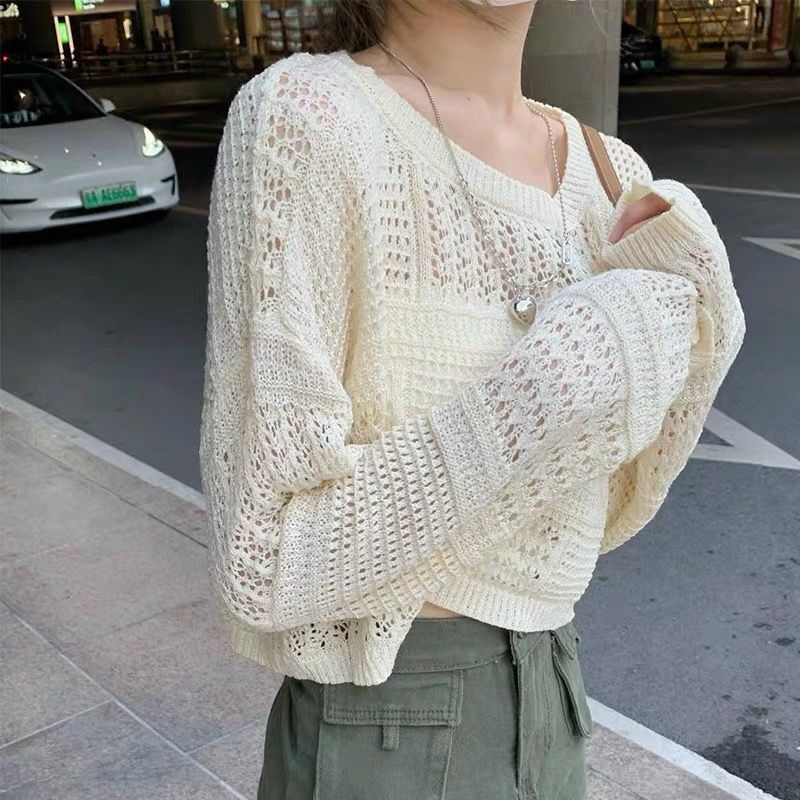 COZOK Áo Sweater Dệt Kim Tay Dài Dáng Rộng Ngắn Chống Nắng