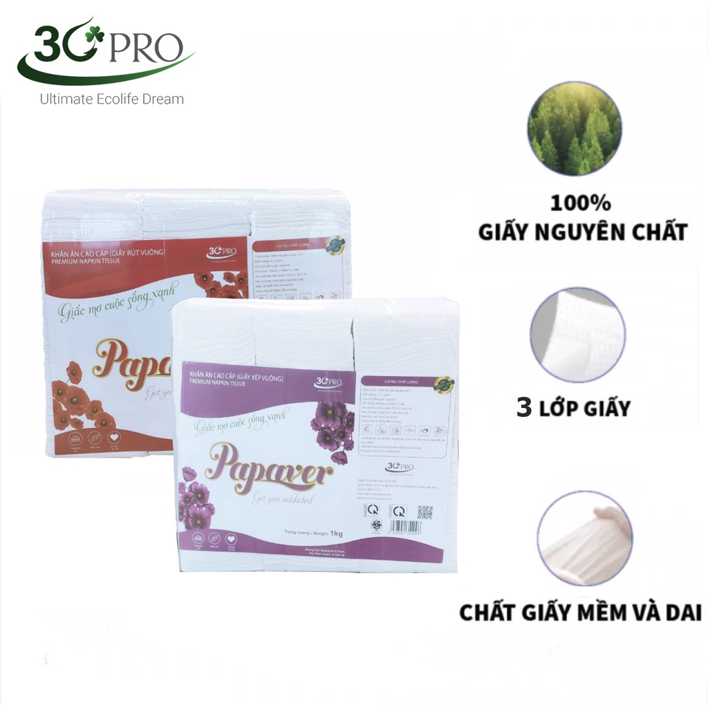 Giấy ăn Nhà hàng Papaver bịch lớn 1kg, siêu mềm 100% bột giấy nguyên sinh, không bụi