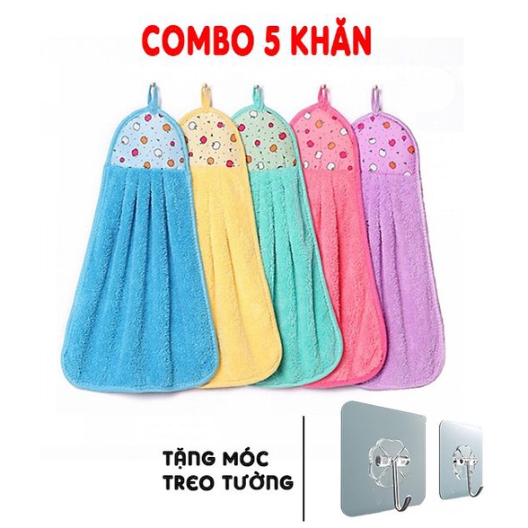 [Tặng Móc Treo] Combo 5 Khăn lau tay treo bếp nhiều màu đẹp 25X45 - Khăn lau tay nhà bếp đa năng có móc treo