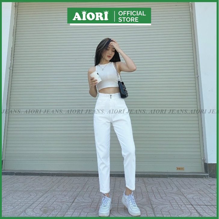 Quần Jean Nữ Aiori Lưng Cao Baggy Bò Trơn Màu Trắng Phong Cách Thời Trang_Mã B018