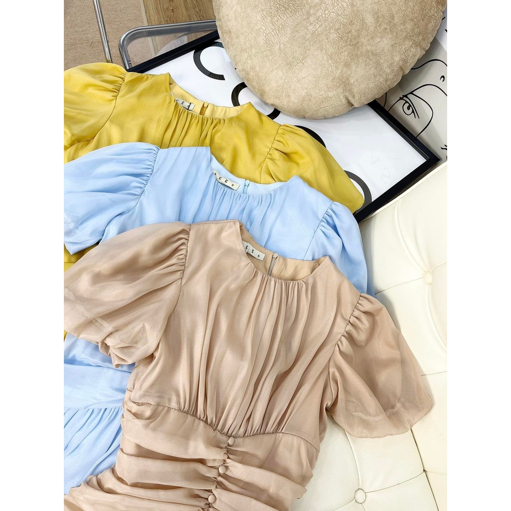 Đầm voan tay phồng nhún eo