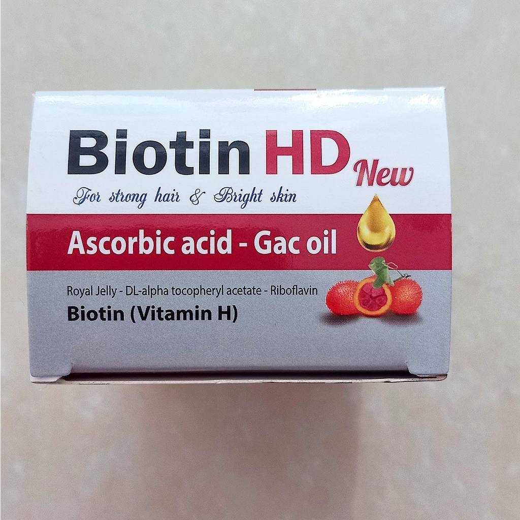 Viên uống Biotin HD New ,dầu gấc ,vitamin E ,sữa ong chúa ,vitamin B2. Hỗ trợ đẹp da, tóc, móng chắc khỏe. Hộp 100 viên
