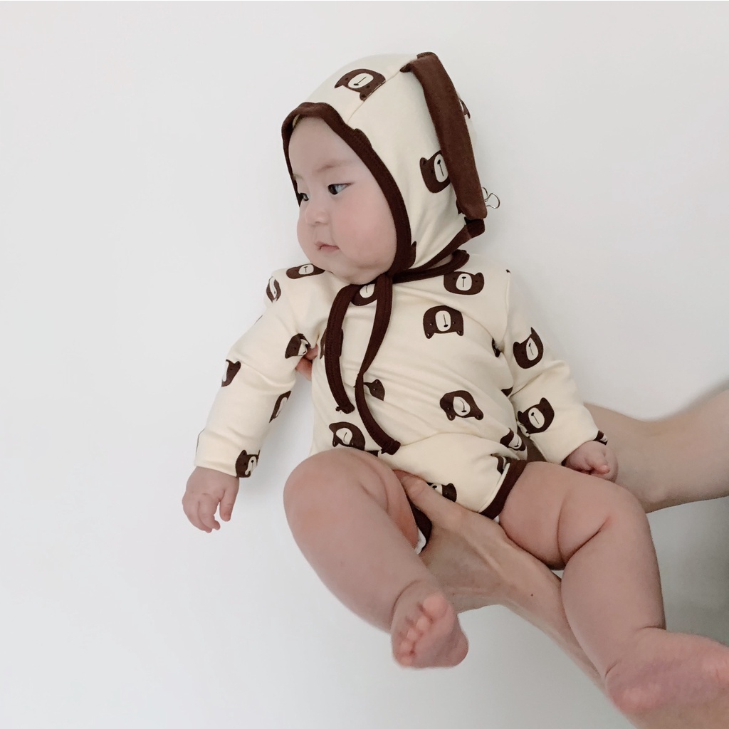 Áo Liền Quần Tay Dài Họa Tiết Gấu Hoạt Hình Dễ Thương Cho Em Bé Sơ Sinh 0-24 Tháng Tuổi