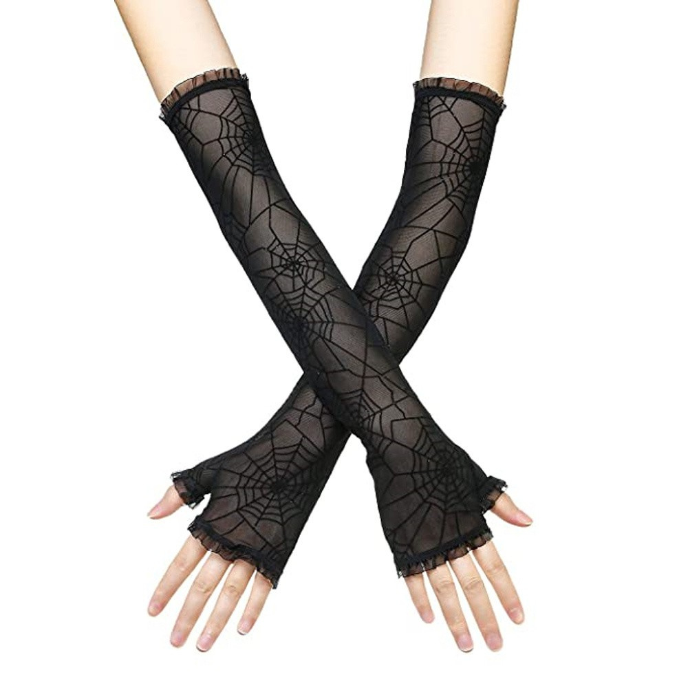 HS 1 Pair of Fancy Dress Up Arm Sleeves Stretchy Gothic Mittens Halloween Gloves Costume Accessory Spider Web Half Finger Cosplay Women Long Gloves