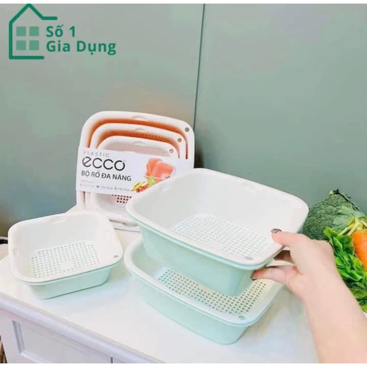 Bộ thau rổ nhựa vuông 6 món Ecoco BEHOME Bộ rổ nhựa Việt Nhật dày đẹp [Giao Màu Ngẫu Nhiên]