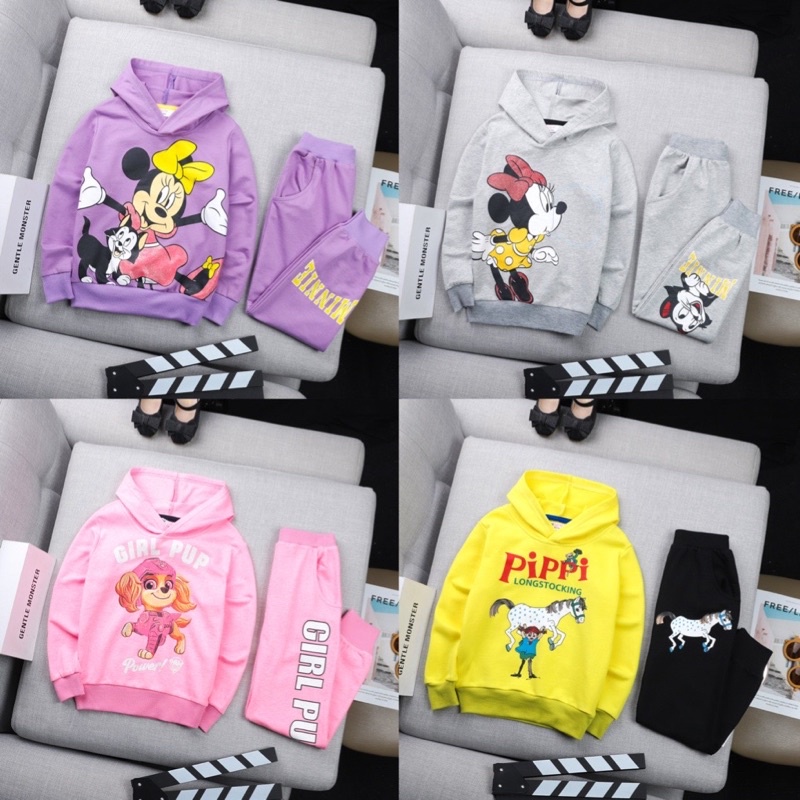 Bộ set Nỉ mũ hoodie bé gái xuất dư siêu mềm mịn 20-52kg