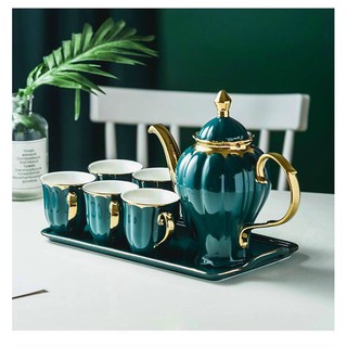 Bộ Cốc Chén Sứ Xanh Ngọc Bích [Cao Cấp] mạ vàng 18k,kiểu dáng phong cách,men sáng,viền vàng cực sang trọng,làm quà cực d