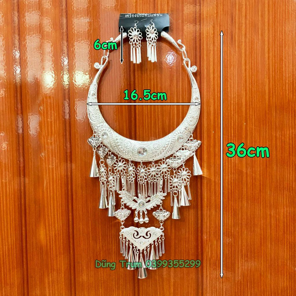 Kiềng hầu đồng tua dài kèm 2 bông tai, vòng cổ dân tộc mặt dây chuyền DT008