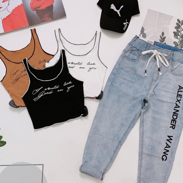 Áo crop thun họa tiết chữ