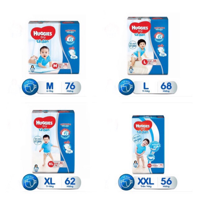 Tã dán Huggies đủ size S56/M76/L68/XXL56 miếng