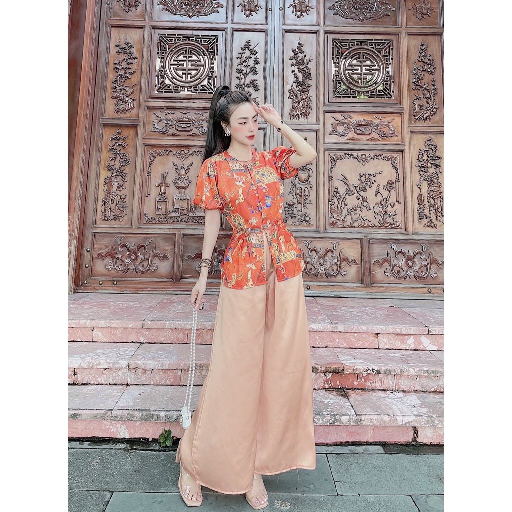 Set đồ Lam phật tử áo hoa gấm xước quần satin
