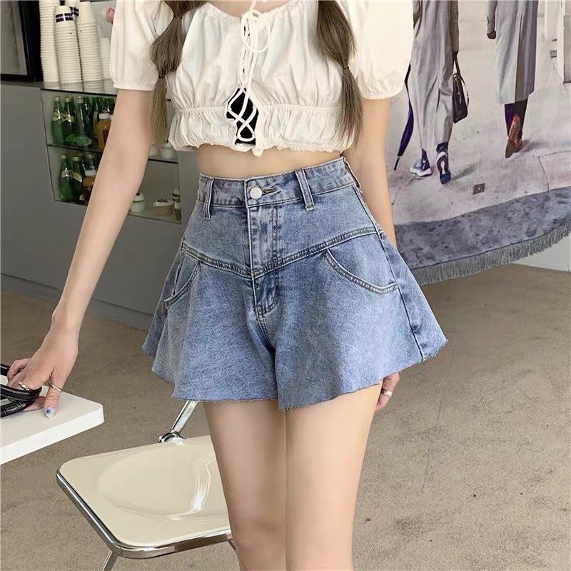 Quần Đùi Jean Nữ Cạp Cao Dáng Xòe YUMI BÁN S