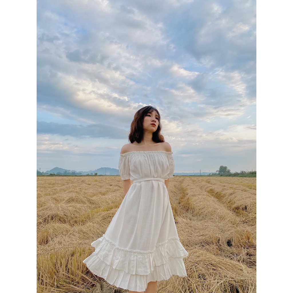 Cloudies Dress - Đầm linen trắng trễ vai