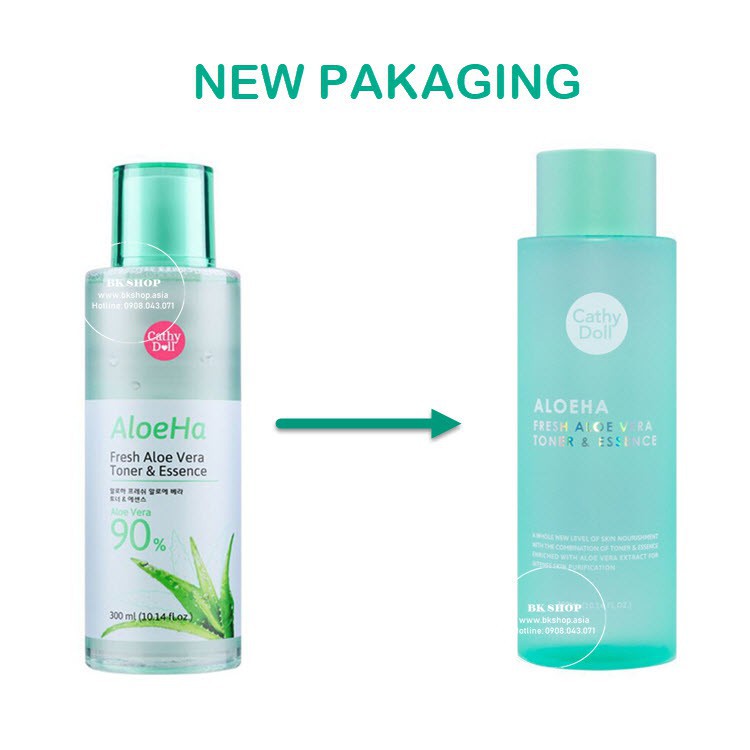 NƯỚC HOA HỒNG KẾT HỢP TINH CHẤT DƯỠNG DA 2IN1 FRESH ALOE VERA TONER &amp; ESSENCE ALOEHA CATHY DOLL 300ML CHÍNH HÃNG - 7536