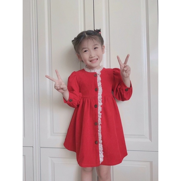 Váy nhung đỏ phối ren ngực hot trend cho bé gái 6-32kg